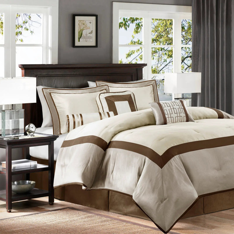 7 Piece Comforter Set Taupe/Brown Queen by HouseOfZazla