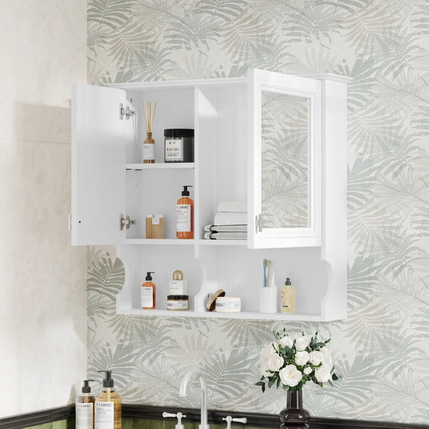 Wall Mounted Mirror Medicine Cabinet, Bathroom Storage With Doors And Open Shelves by Unique Piece Furniture