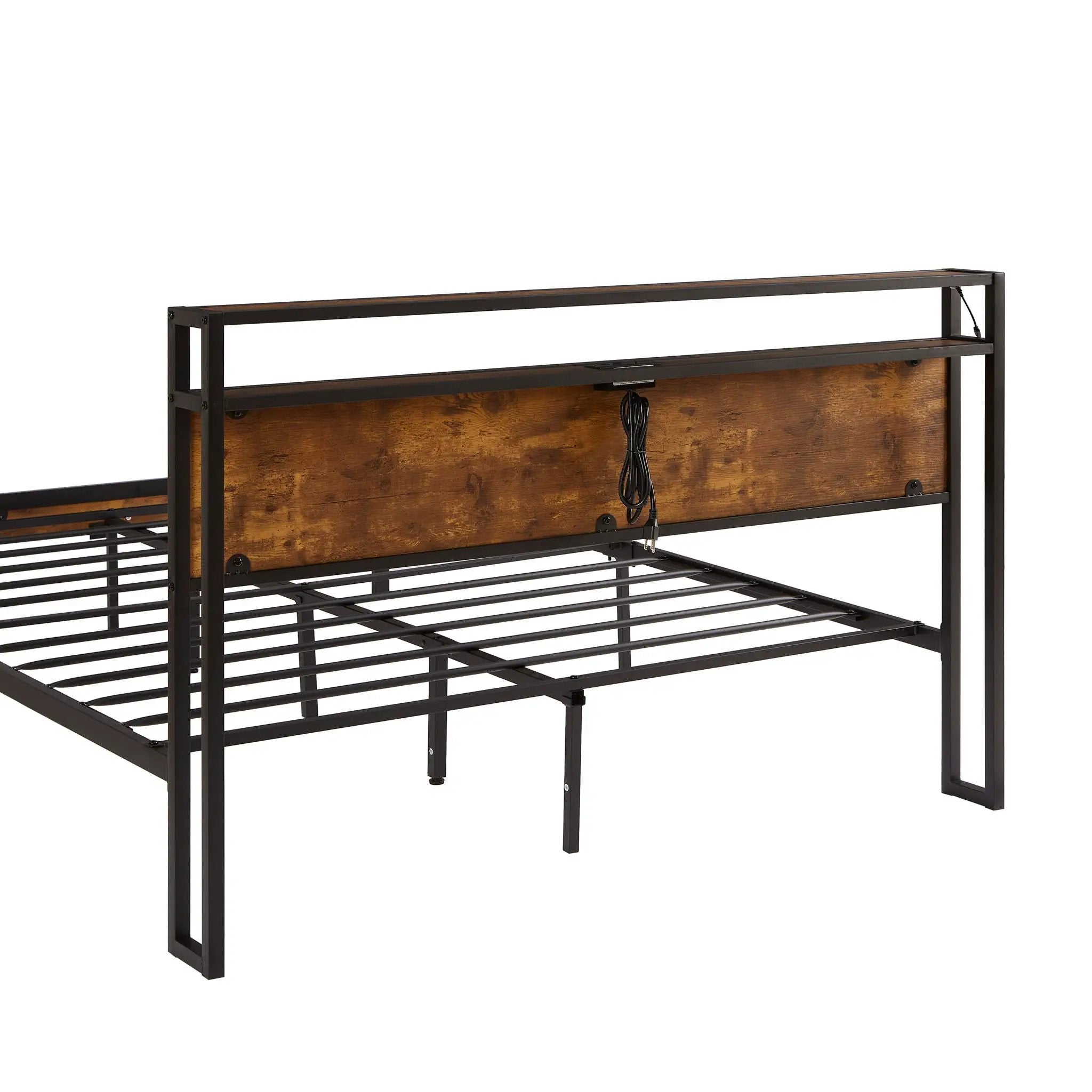 Modern Metal Platform Bed Frame With Wooden Headboard And Footboard, USB Charging Station, LED Lights, 2 Drawers by Unique Piece Furniture
