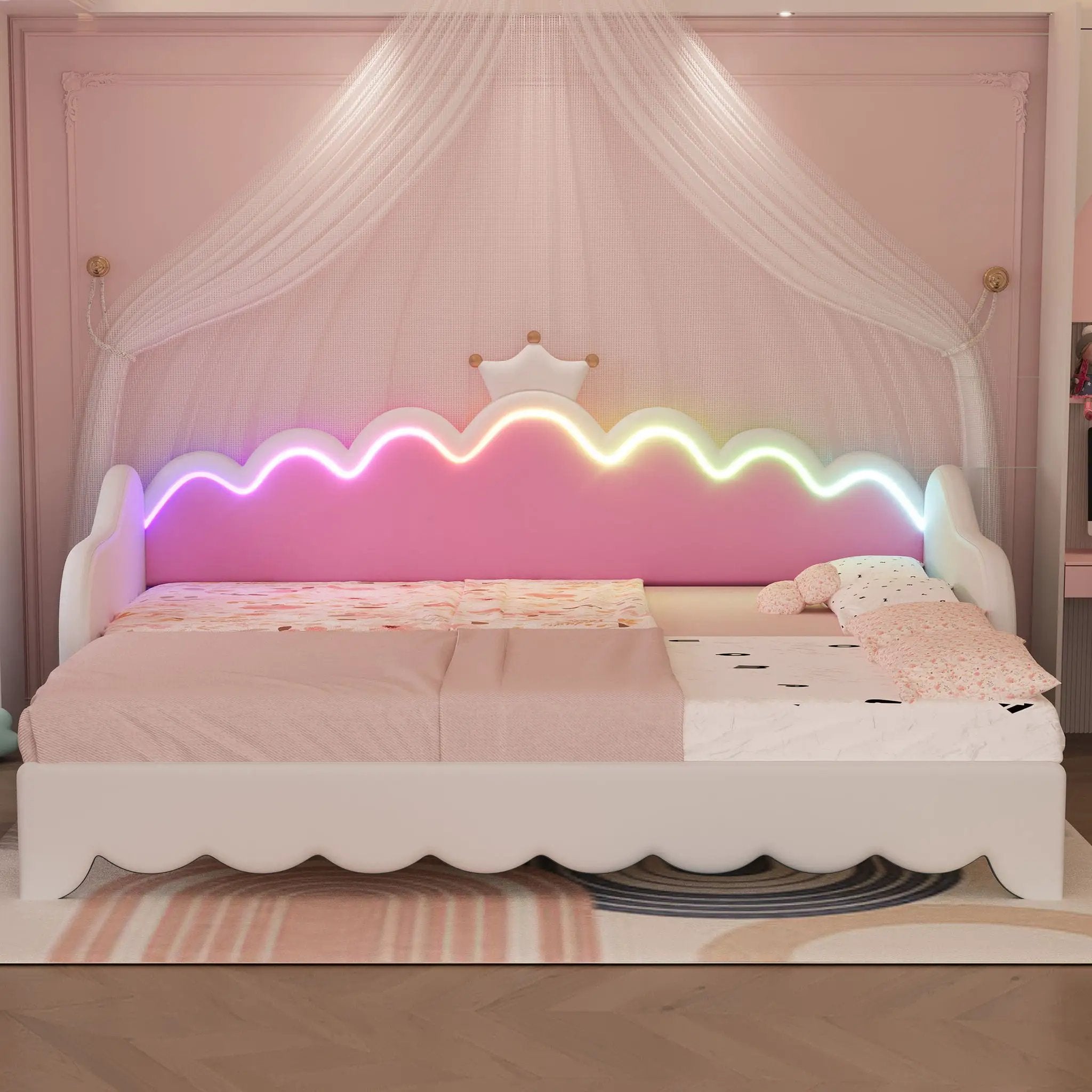 Extending Daybed With LED Lights, Modern Upholstered Princess Daybed With Crown Headboard by Unique Piece Furniture