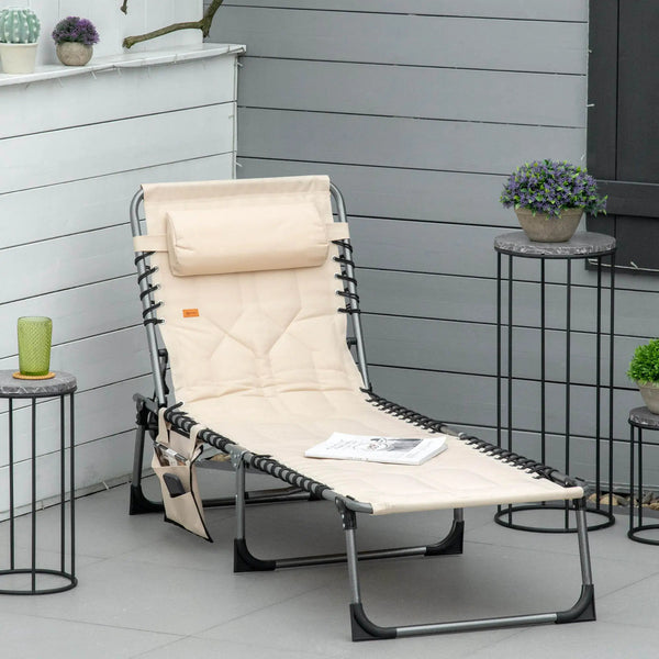 Outsunny - Padded Folding Chaise Lounge Chair, Outdoor 6-Level Reclining Camping Tanning Chair With Headrest For Beach, Yard, Patio, Pool - Beige, photo 2 of 7