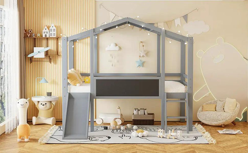Loft House Bed With Ladder And Slide, With board And Light Strip On The Roof by HouseOfZazla
