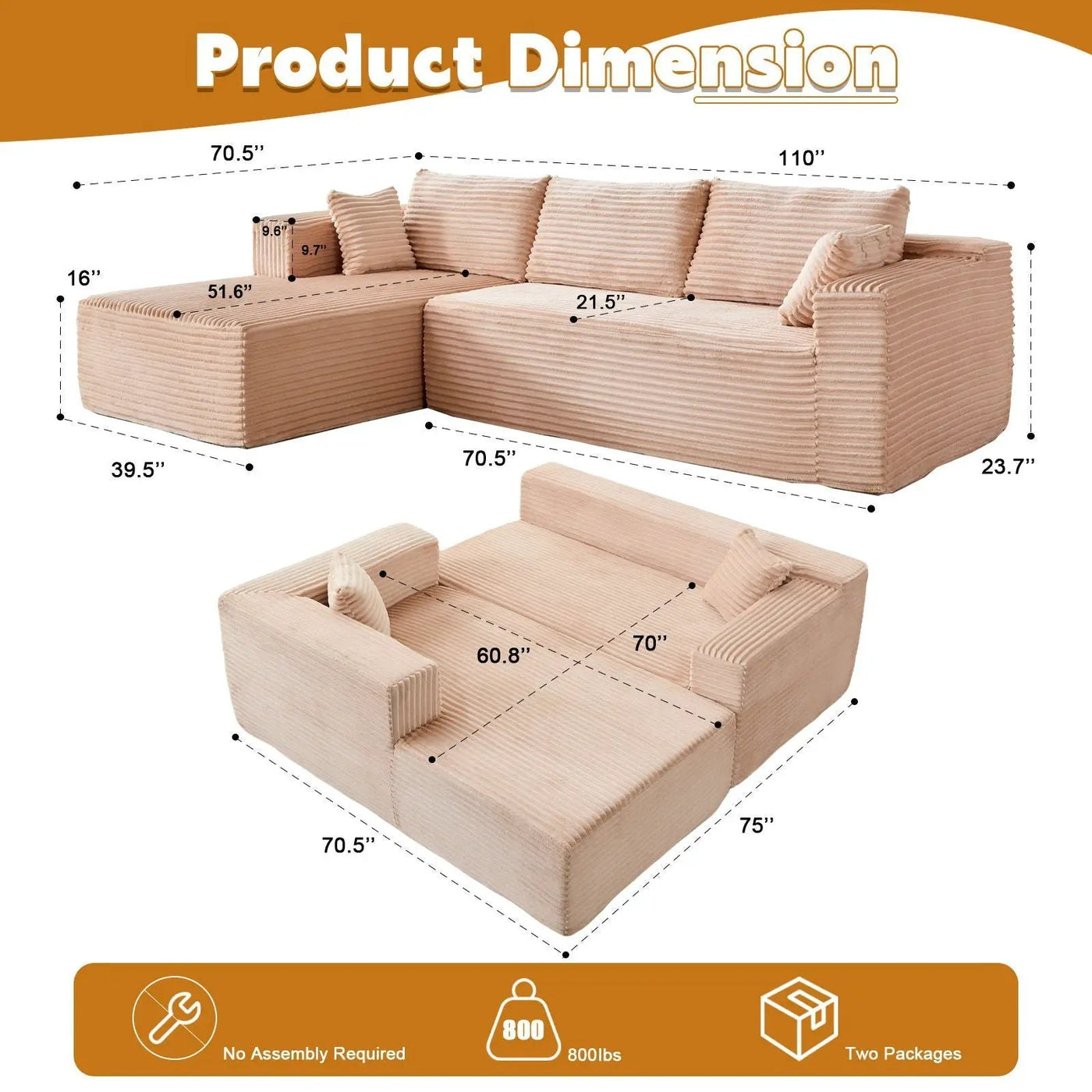 Compression Sectional Couch With Comfy Chaise, Boneless L Shape Sofa With Deep Seat by HouseOfZazla