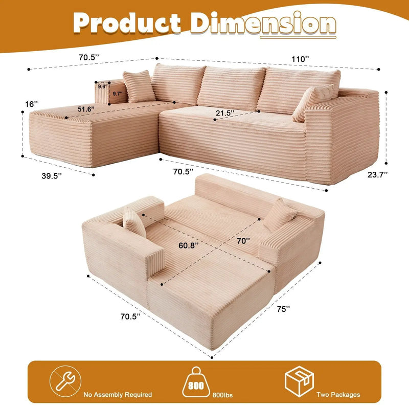 Compression Sectional Couch With Comfy Chaise, Boneless L Shape Sofa With Deep Seat by HouseOfZazla