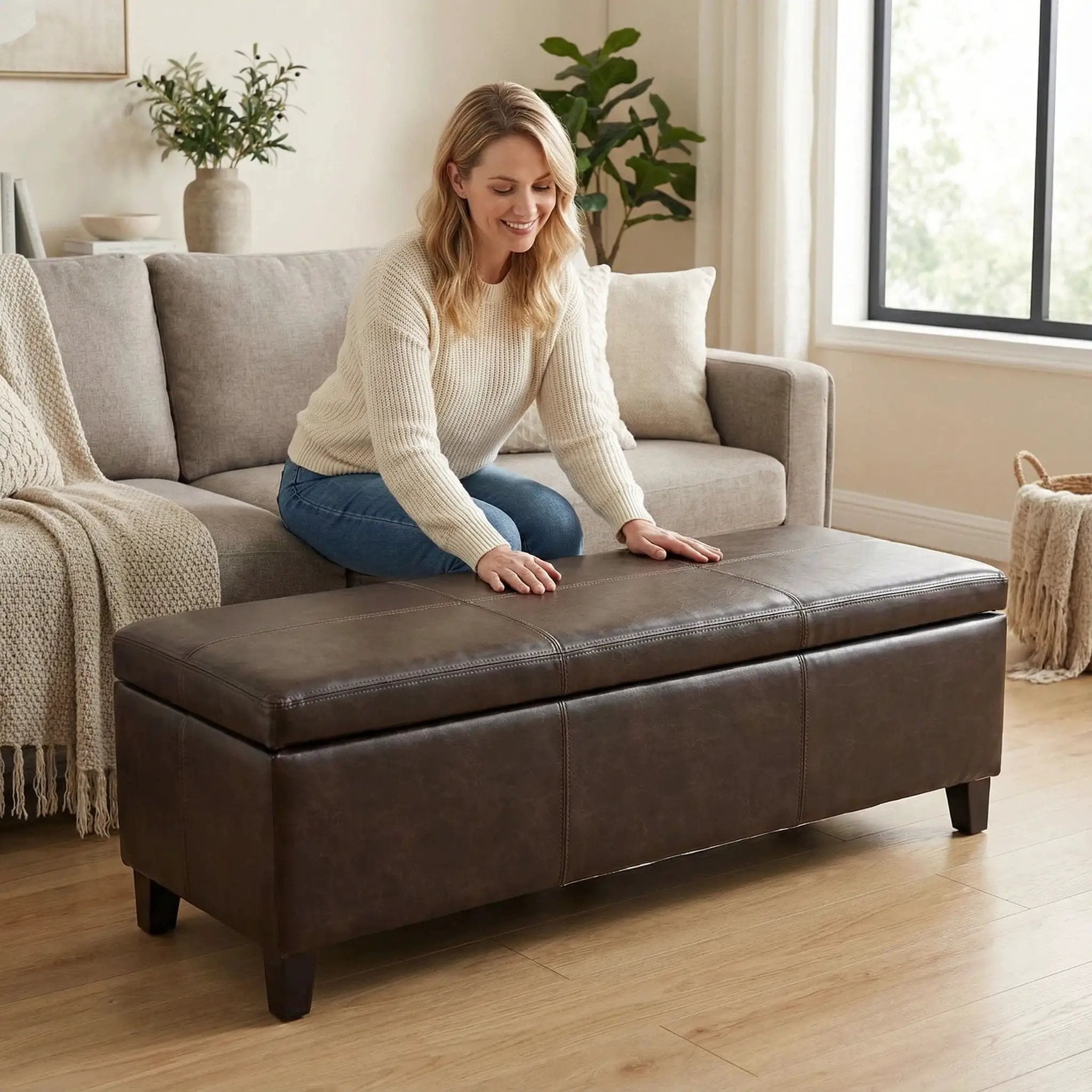 Rectangle Storage Ottoman Bench For Living Room - Brown by HouseOfZazla