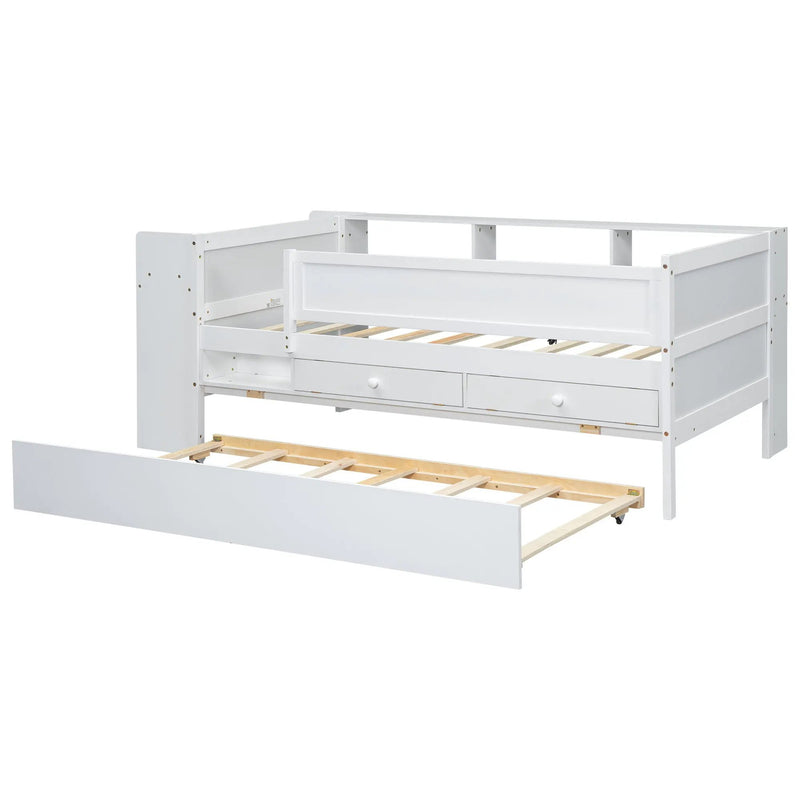 Twin Daybed With Drawers, Trundle, Headboard Storage, Study Desk, And USB Charging Station - White by HouseOfZazla