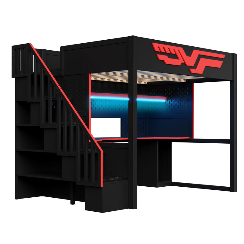 Full Gaming Loft Bed With Desk And Storage Staircase, LED Lights And USB - Red / Black by HouseOfZazla