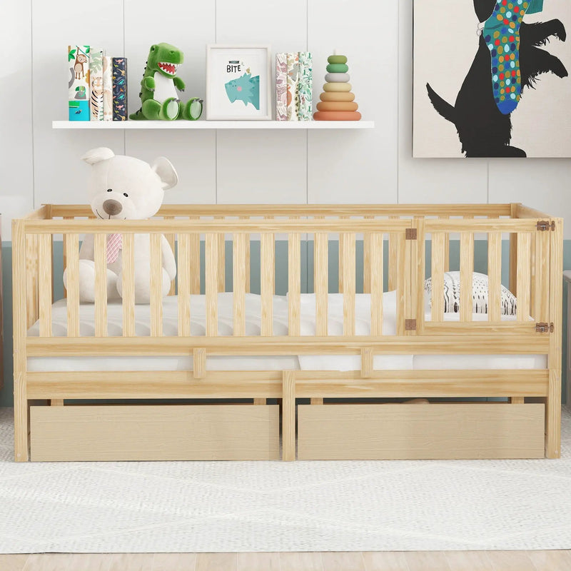 Daybed With Fence Guardrails And 2 Drawers, Split Into Independent Floor Bed & Daybed by HouseOfZazla