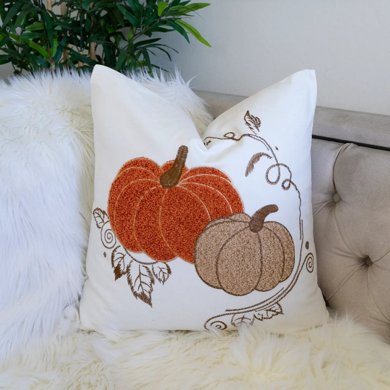 Embroidered Harvest Pumpkin Pillow – Autumn Harvest Accent Cushion by HouseOfZazla
