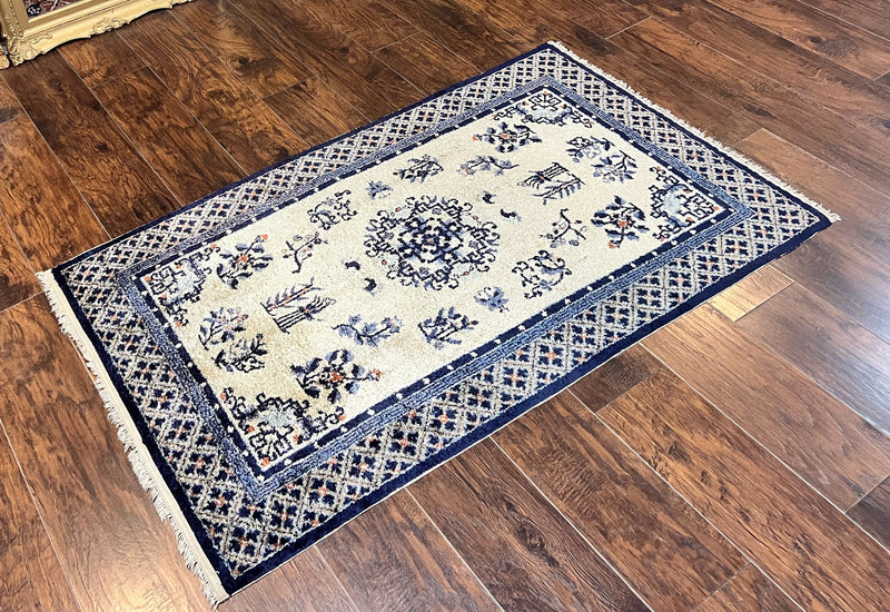 Silk Chinese Rug 3x5, Vintage Handmade Peking Carpet, Asian Oriental Art Deco Rug by Jewel Rugs