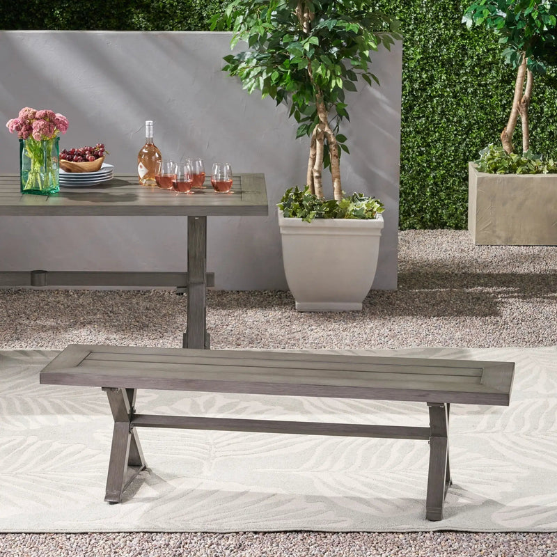 Modern Aluminum Outdoor Dining Bench With X Base - Dark Gray by HouseOfZazla