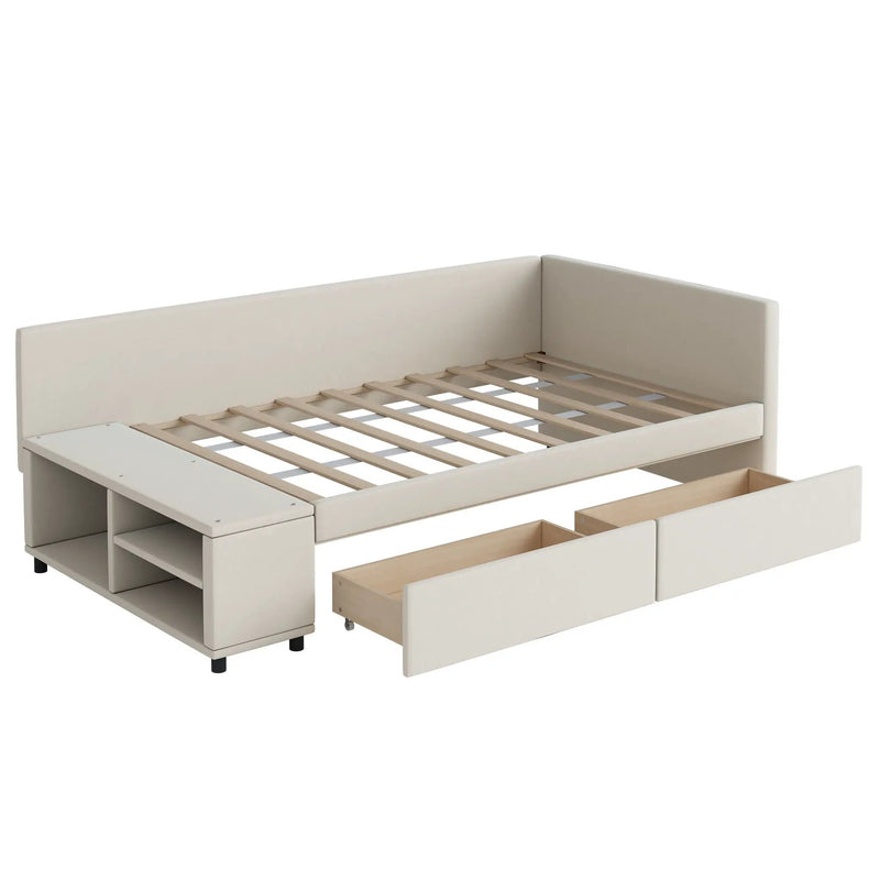 L Shaped Upholstered Platform Bed With Storage And Drawers by HouseOfZazla