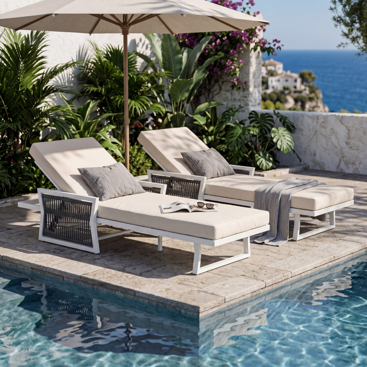 Modern White Iron Outdoor Chaise Lounger Set with Adjustable Backrest - White, photo 7 of 10