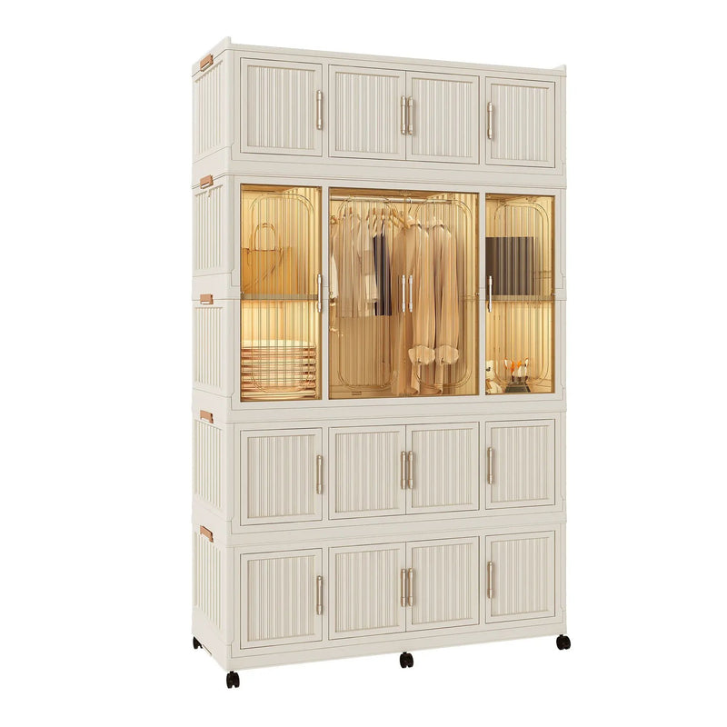 Portable Wardrobe Closet Storage Organizer With 17 Magnetic Doors, 17 Cubes, Hanging Rod & 6 Hangers - Creamy White by Unique Piece Furniture