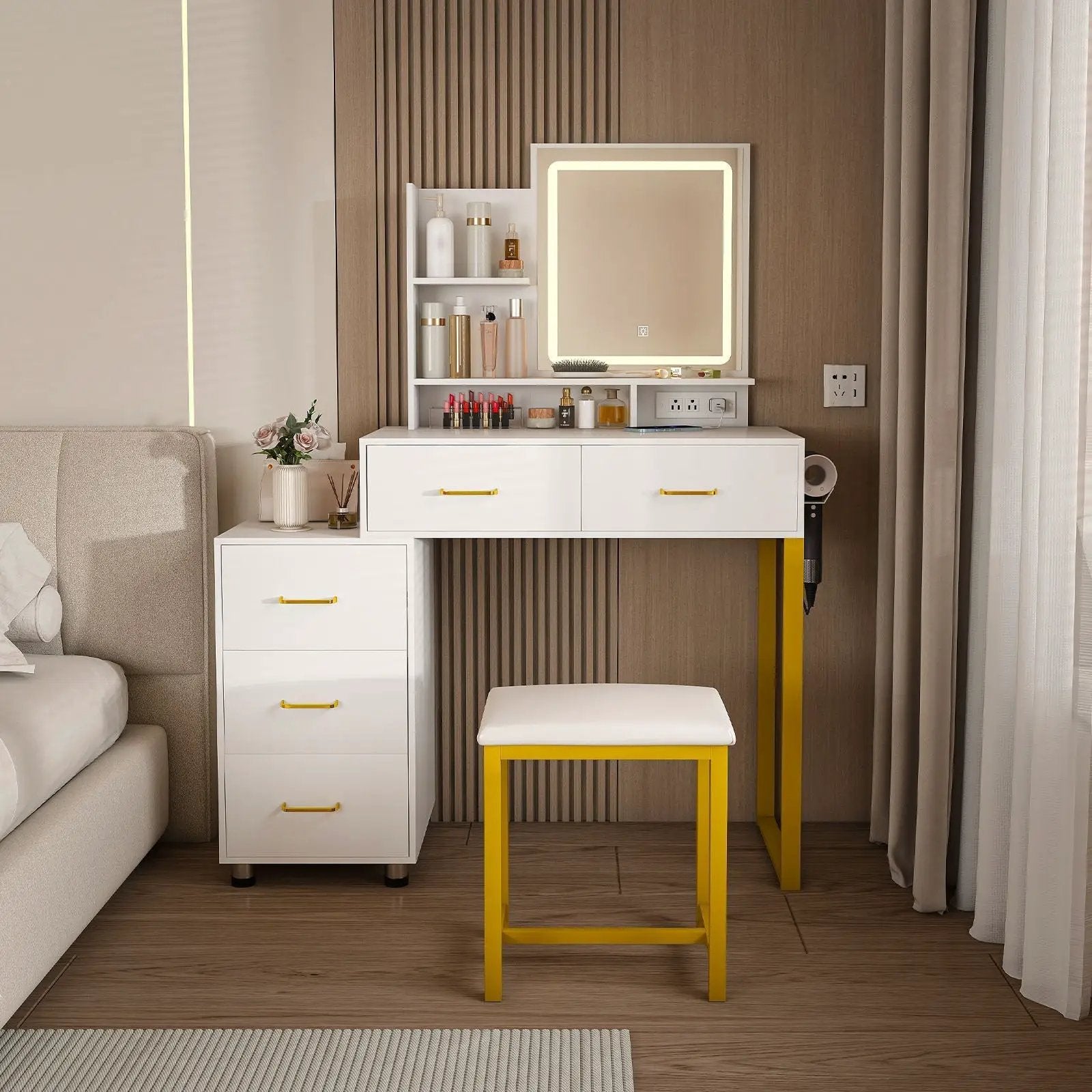Elegant Makeup Vanity With Led Lights & Power Outlet - White by HouseOfZazla