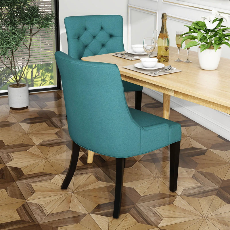 Dining Chair Set of 2 With Upholstered Diamond Tufting And Espresso Birch Legs - Teal by HouseOfZazla