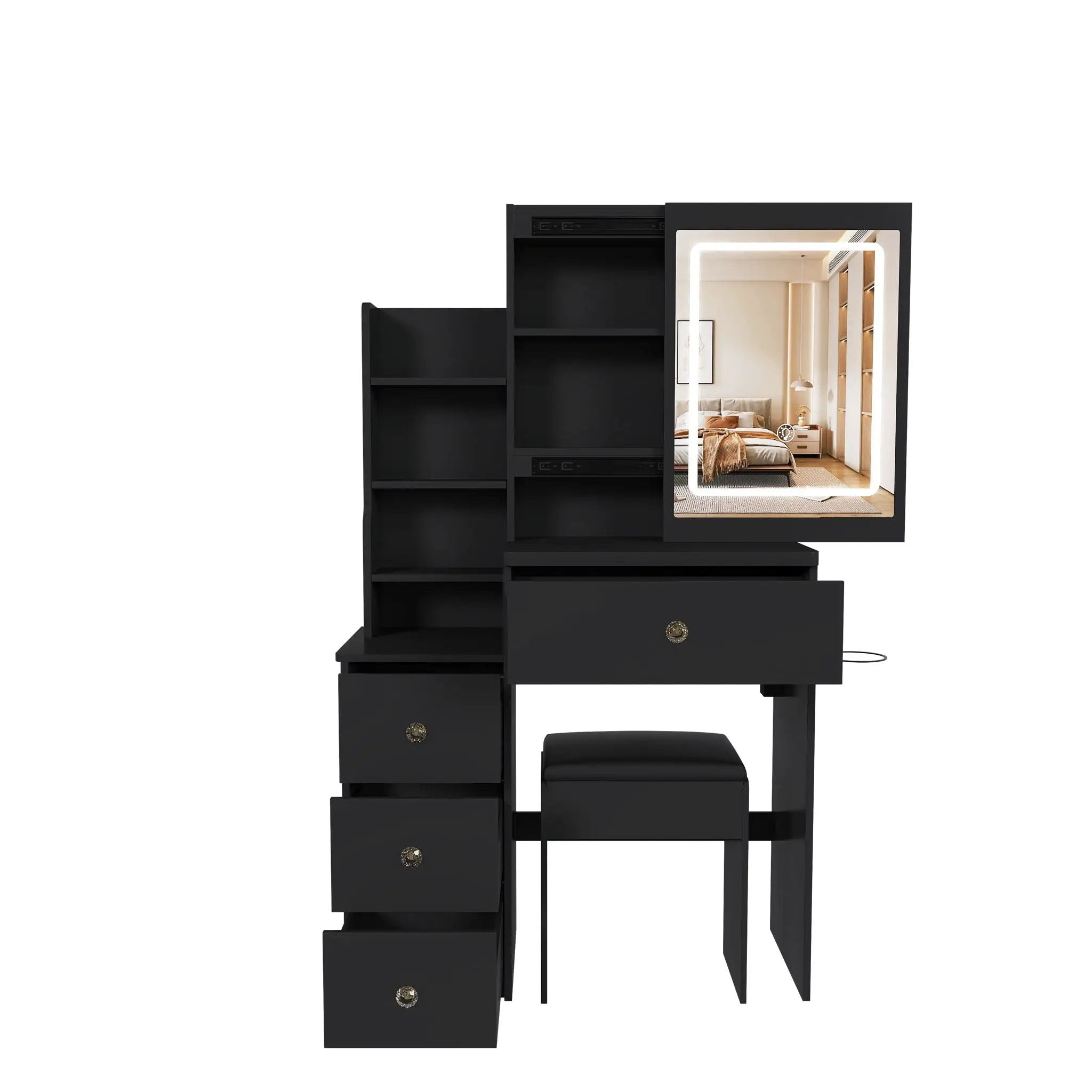 Vanity Desk With 3 LED Lighting Modes, 4 Drawers, Open Shelves, Hair Dryer Holder & Power Socket Dressing Table Set With Chair - Black by HouseOfZazla
