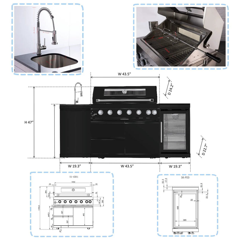 6 Burner 85, 000 Btu Outdoor Kitchen Island Grill With Wine Cooler Refrigerator, Rotisserie Kit, Granite Countertops & Sink - Black by HouseOfZazla
