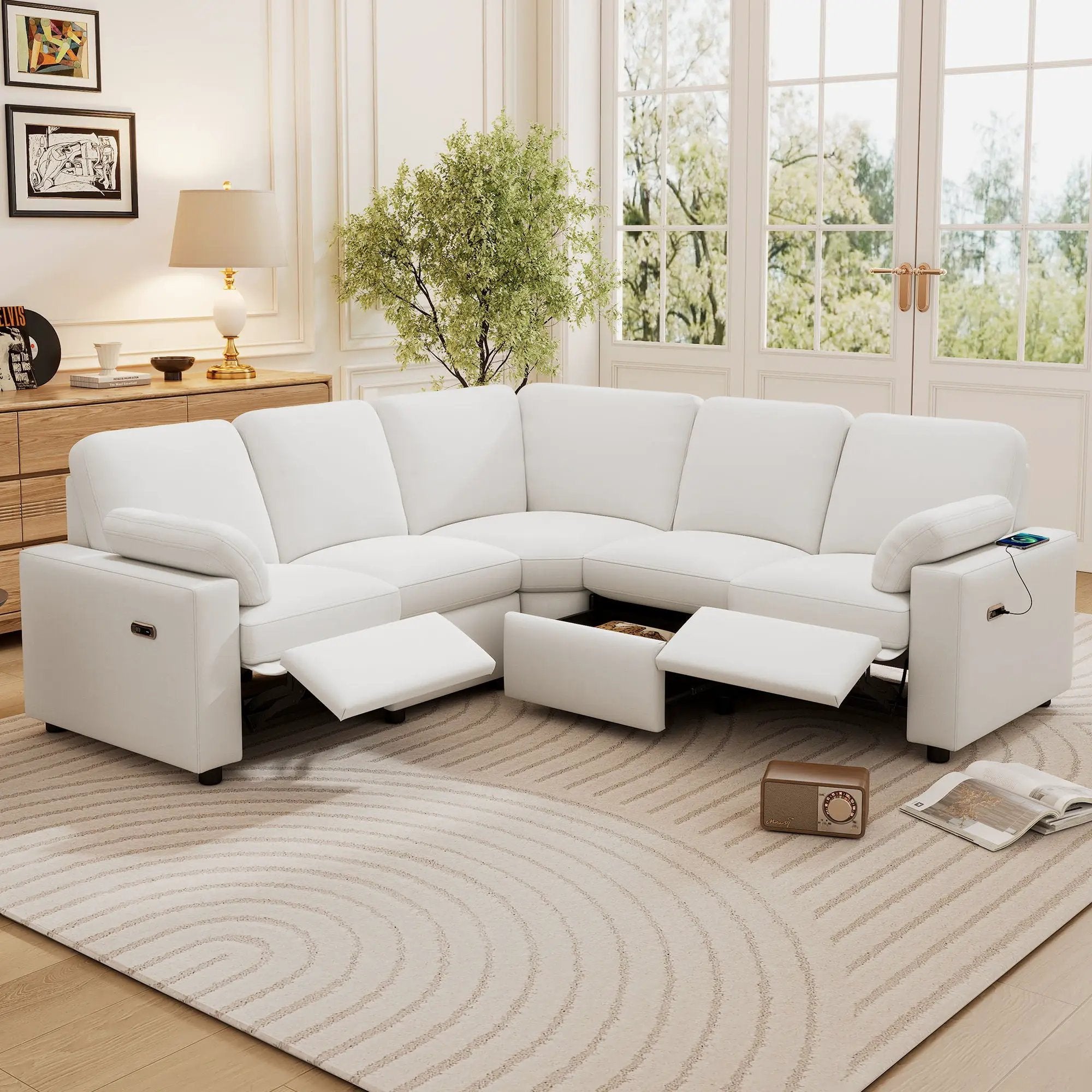 Power Recliner Sectional Sofa Home Theater Reclining Sofa With Two USB Ports, Two Storage Drawers For Living Room by Unique Piece Furniture