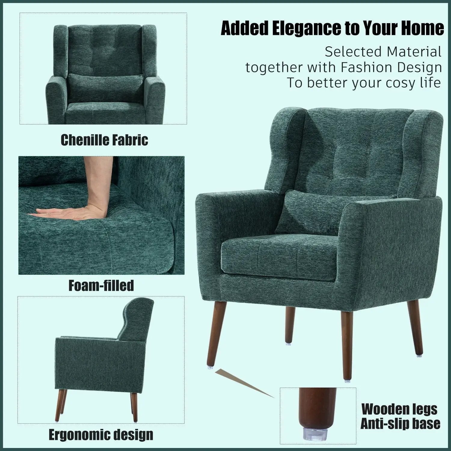 Modern Accent Chair, Arm Chairs For Living Room, Upholstered Mordern Armchair, Comfy Soft Padded Lounge Chair In Small Space, Bedroom, With Pillow, Solid Wood Leg by Unique Piece Furniture