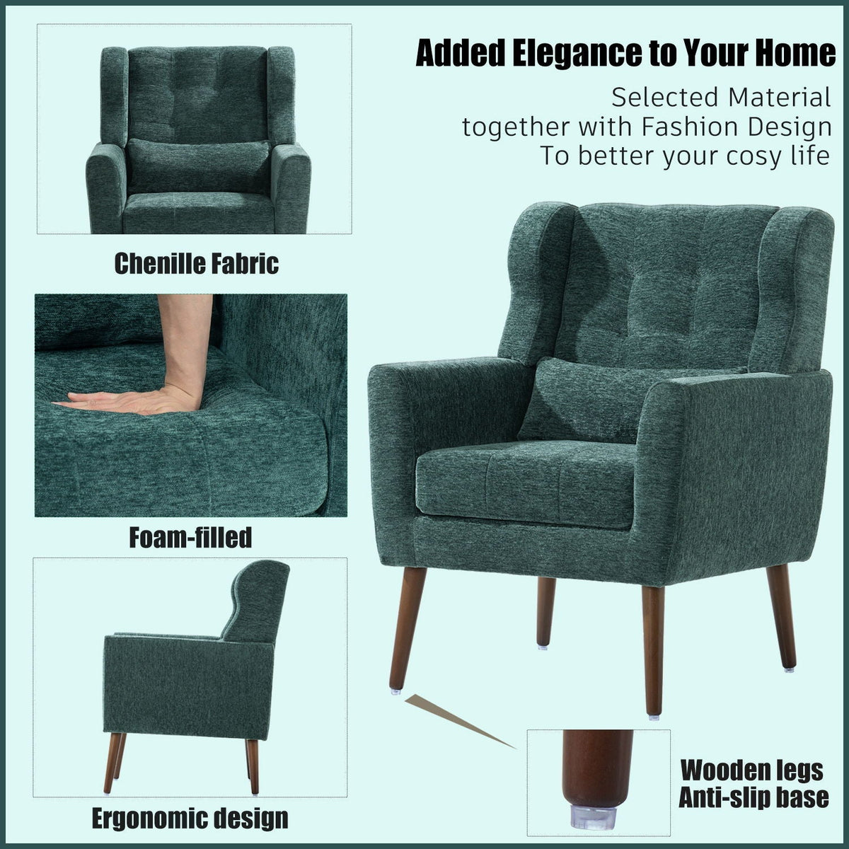 Modern Upholstered Arm Chair with Solid Wood Legs and Pillow - Multiple Colors, photo 7 of 24
