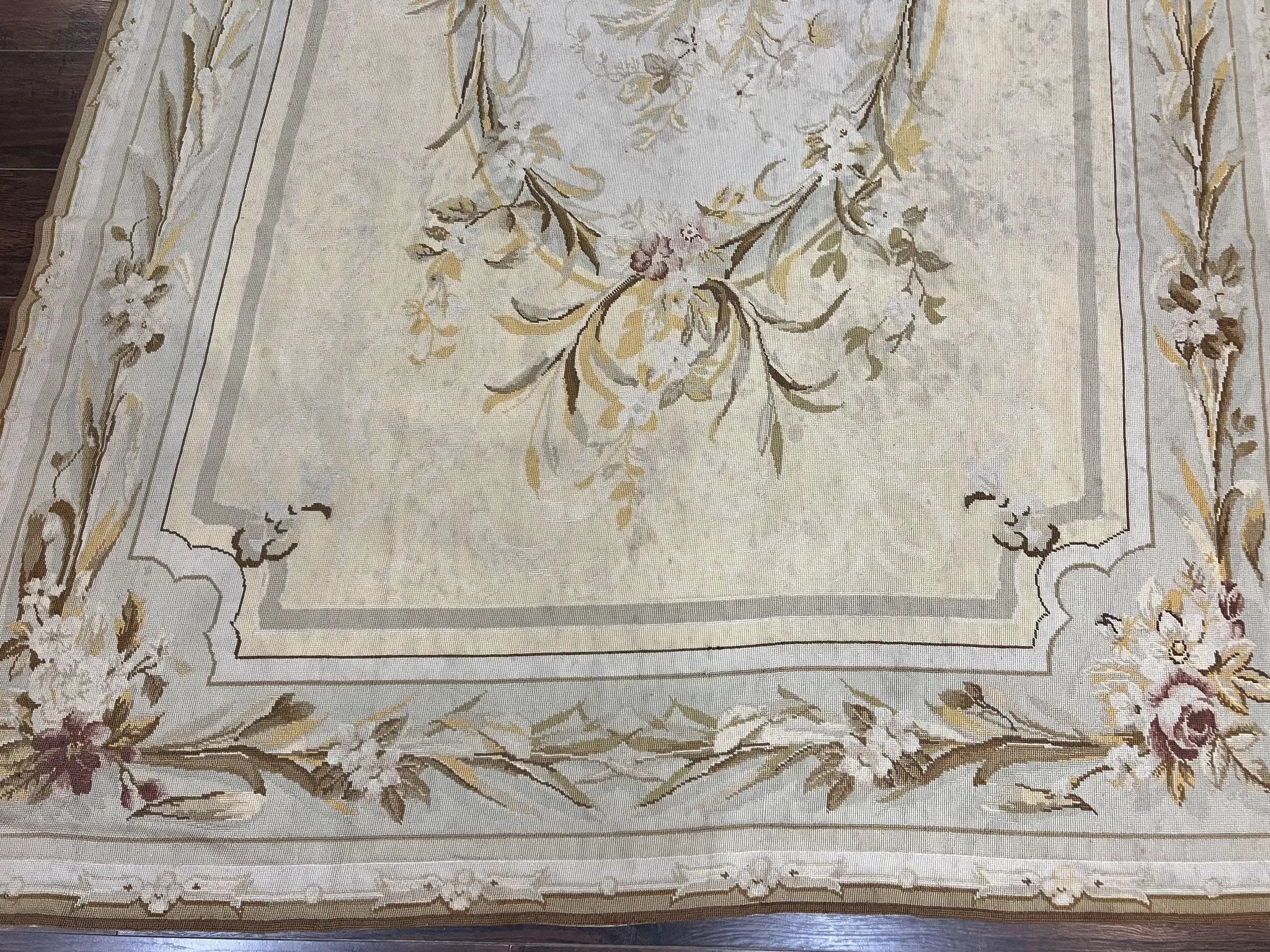 Needlepoint Rug 6x9, Elegant European Design Aubusson Carpet, Vintage Wool Handmade Rug, Light Yellow Ivory by Jewel Rugs