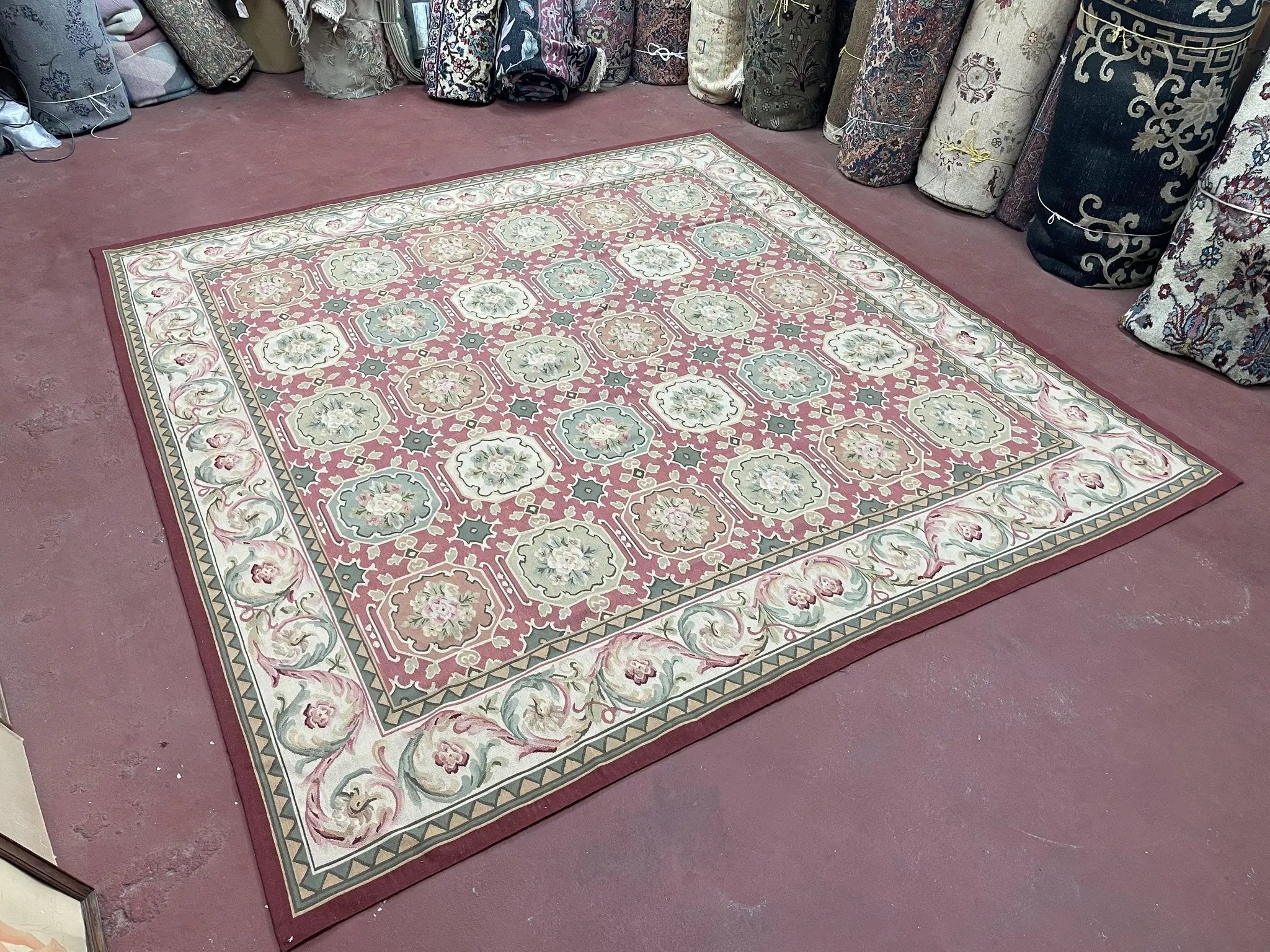 Square Aubusson Rug 9x9, Panel Design, European French English Carpet, Wool by Jewel Rugs