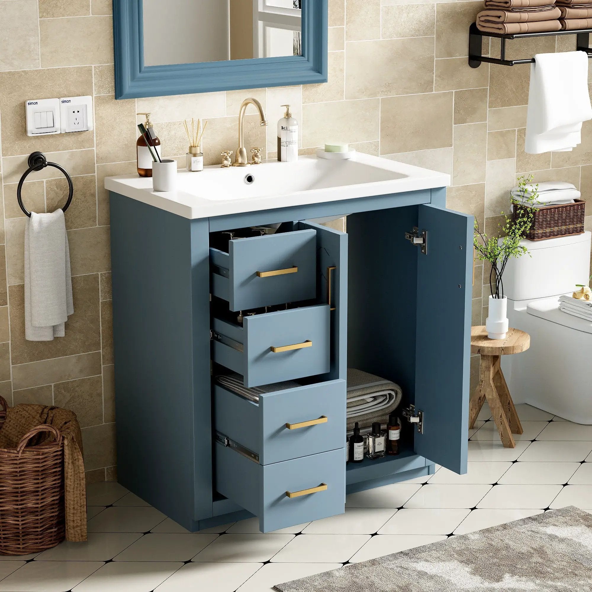 Ceramic Sink Combo, Freestanding Vanity Set With 3 Drawers & Soft Closing Doors by Unique Piece Furniture