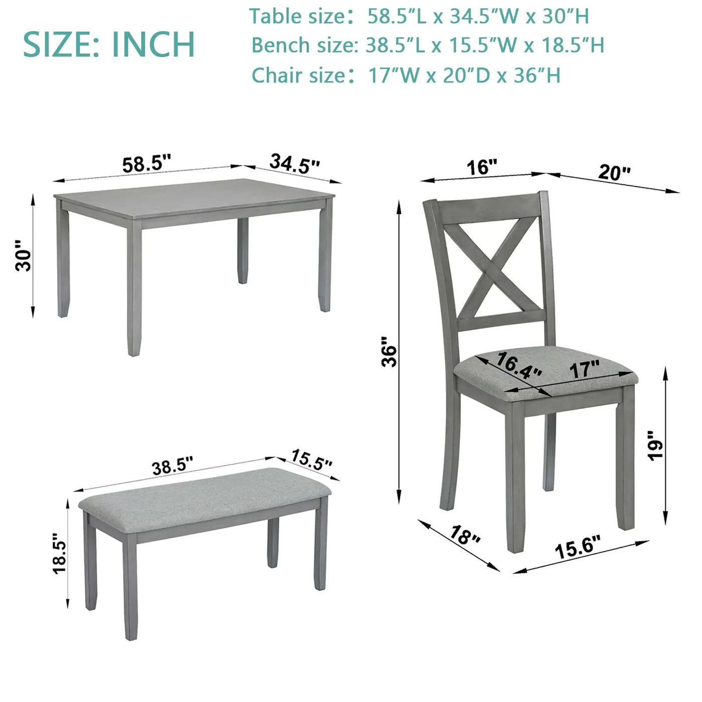 6 Pieces Kitchen Dining Set, Rectangular Wooden Dining Table With 4 Chairs And A Bench by HouseOfZazla