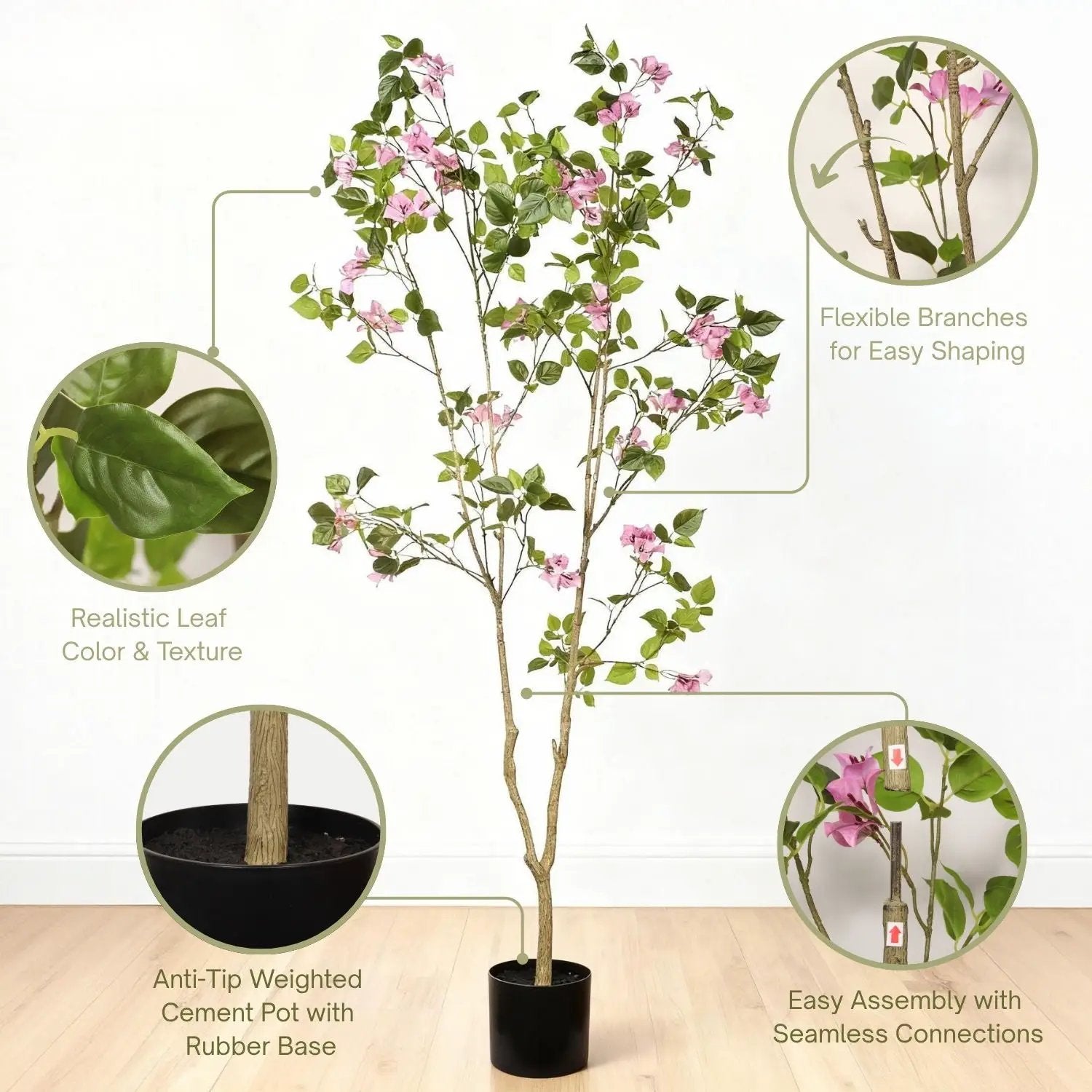 Artificial Bougainvillea Tree With Pot, Realistic Faux Flowering Plant Leaves And Blooms, Decor For Home Office - Green Leaves / Pink by HouseOfZazla