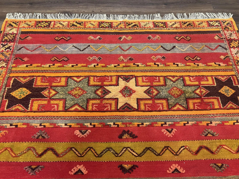 Unique Moroccan Rug 7x10, Room Sized Carpet, Red Orange Gray, Wool Oriental Striped Geometric Tribal Boho Rug, Flatweave with Raised Pile by Jewel Rugs