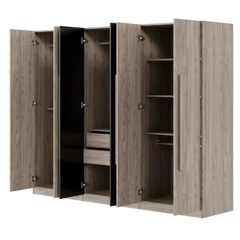 6 Doors Wardrobe Storage For Bedroom, With 2 Drawers Inside - Black / Nature by HouseOfZazla