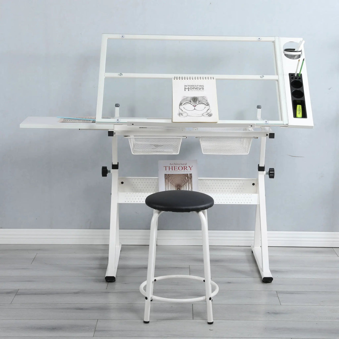 Adjustable Tempered Glass Drafting Printing Table With Chair by HouseOfZazla