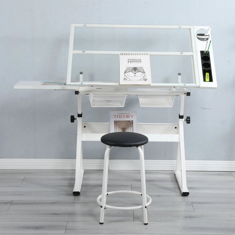 Adjustable Tempered Glass Drafting Printing Table With Chair by Unique Piece Furniture
