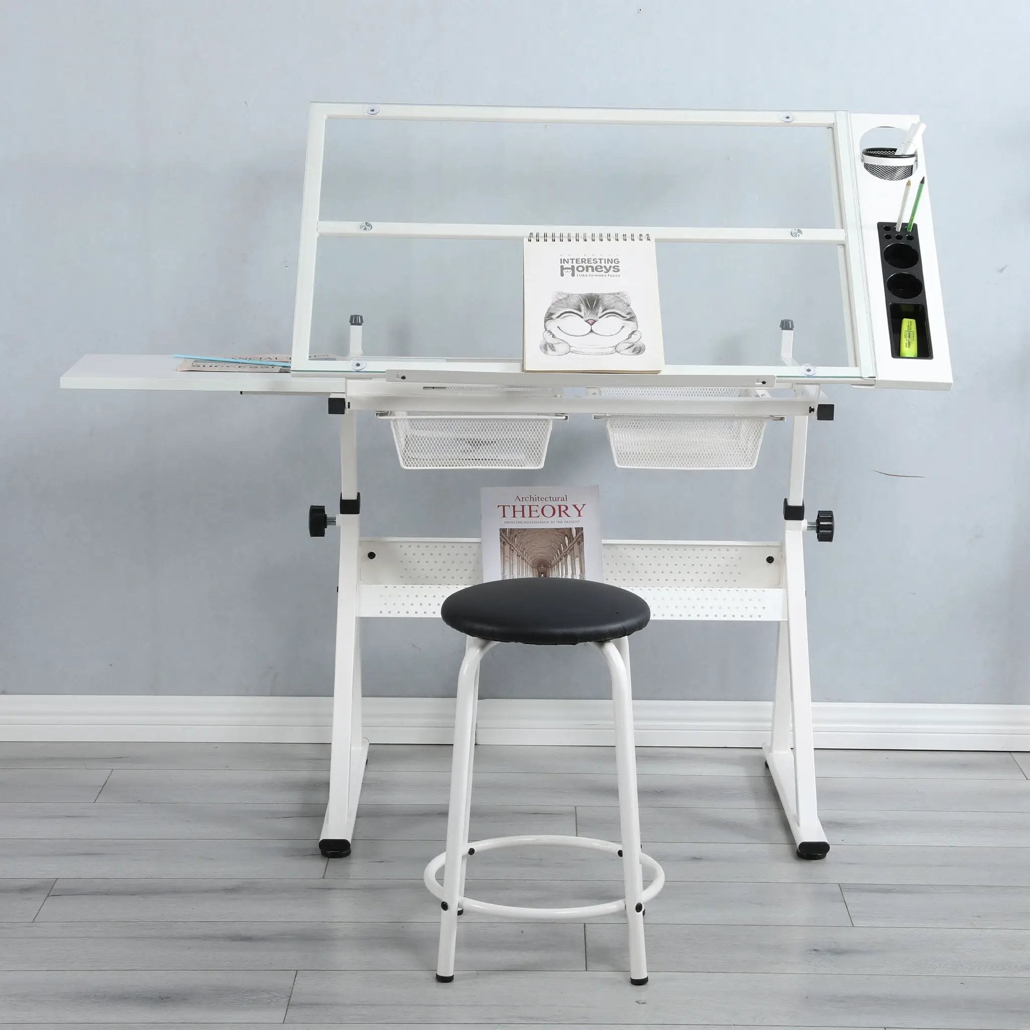 Adjustable Tempered Glass Drafting Printing Table With Chair by HouseOfZazla