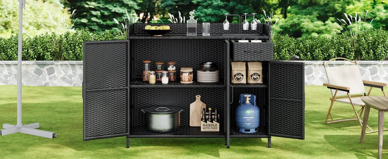 K&K 47.5"W Wicker Outdoor Storage Cabinet with Tempered Glass Top by HouseOfZazla