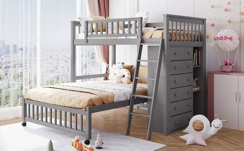 Bunk Bed With 6 Drawers And Flexible Shelves, Bottom Bed With Wheels by HouseOfZazla