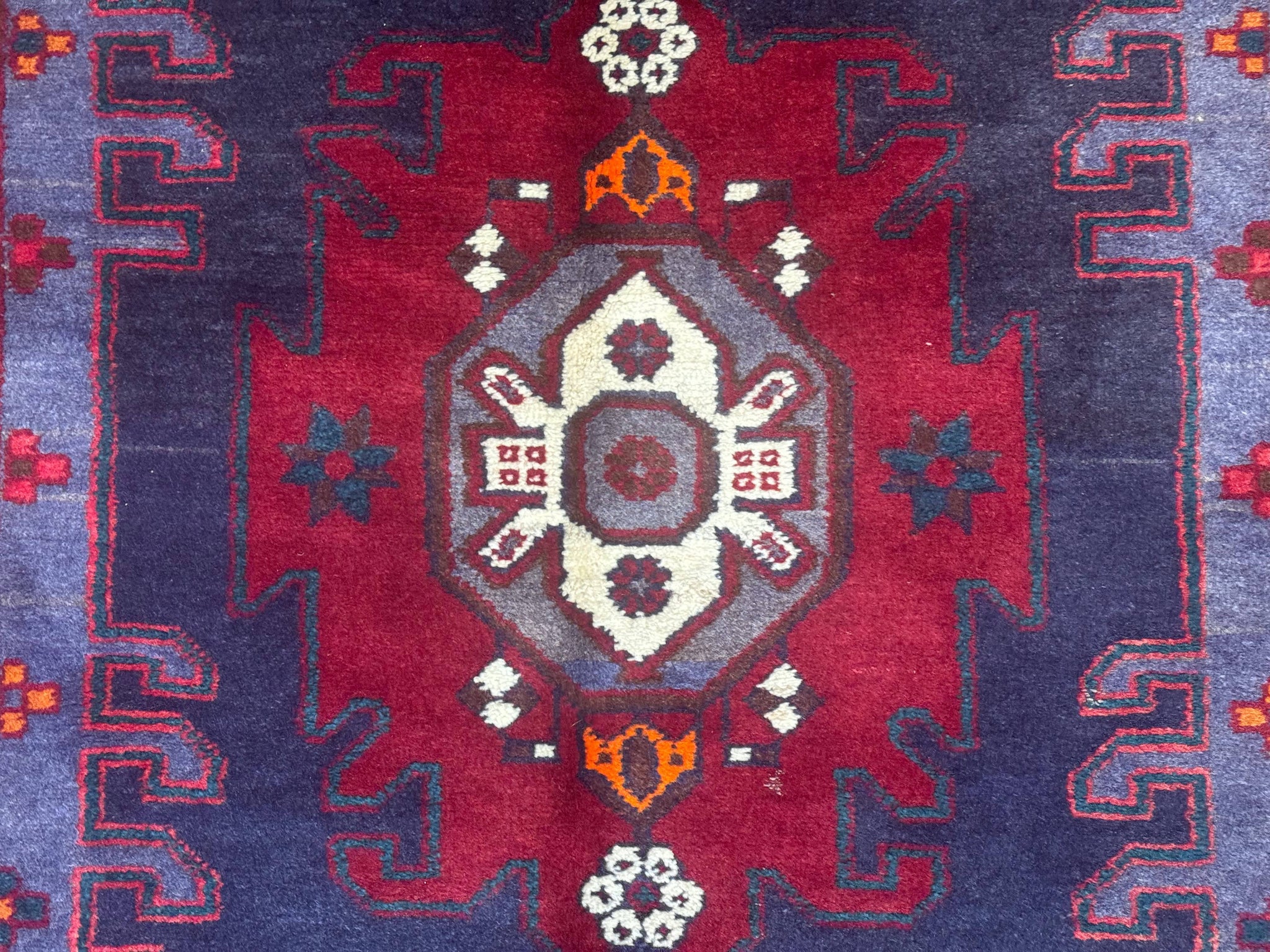 Persian Karajeh Runner Rug 3.6 x 9.5, Geometric Medallions, Tribal Village Rug, Navy Blue, Handmade by Jewel Rugs