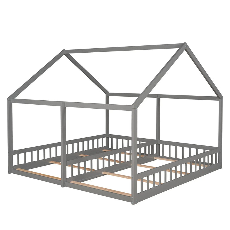 House Platform Beds, 2 Shared Beds, Metal Frame With Guardrails