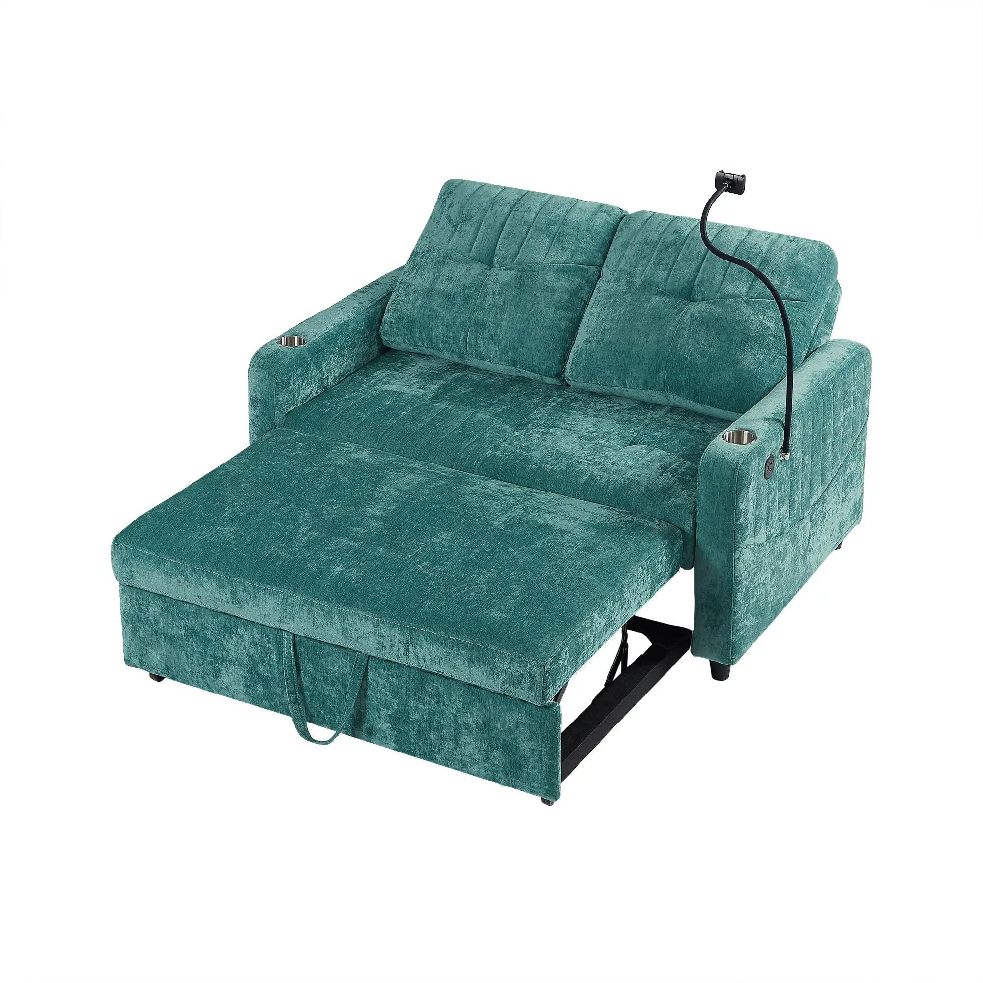 Modern Loveseat Pull Out Sofa Bed With Adjustable Backrest, Two Cup Holders, A Phone Holder, Three Charging Ports And Side Storage Pockets For Living Room by HouseOfZazla