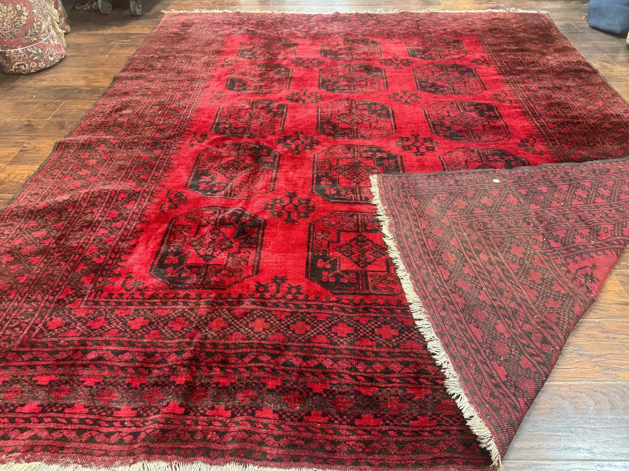 Afghan Turkoman Rug 9x10, Red Beshir Carpet, Tribal, Wool, Antique by Jewel Rugs