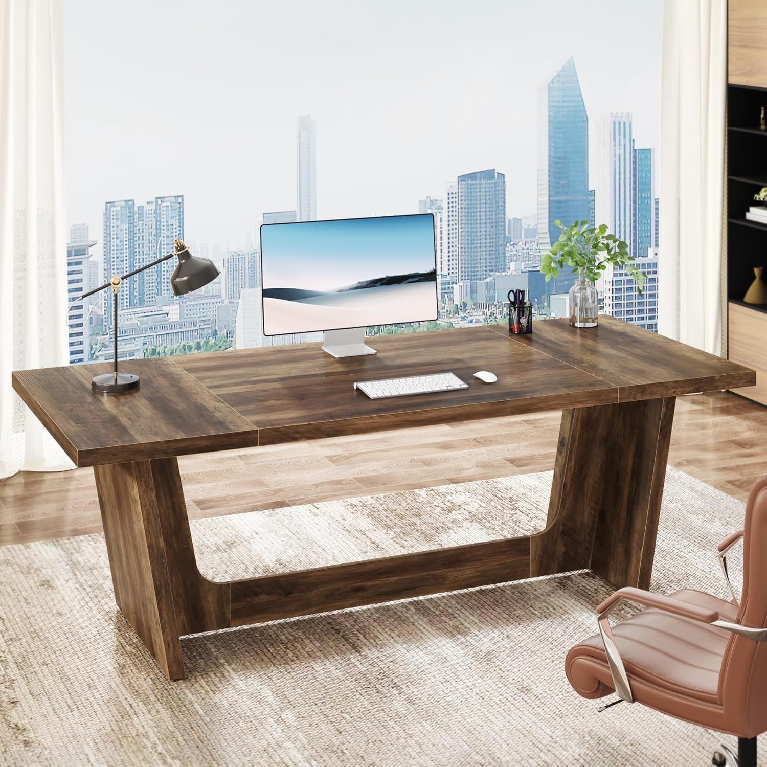 Executive Desk For Home Office, Computer Table With Pedestal, Large Writing Workstation - Brown by HouseOfZazla