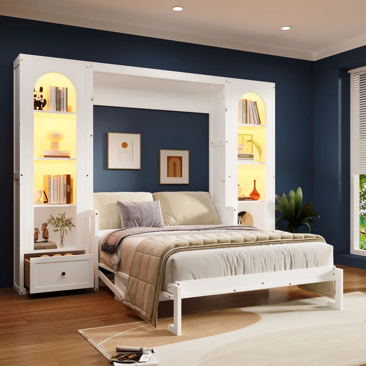 French Style Murphy Platform Bed With Shelf, Side Cabinets, Drawers And LED by Unique Piece Furniture
