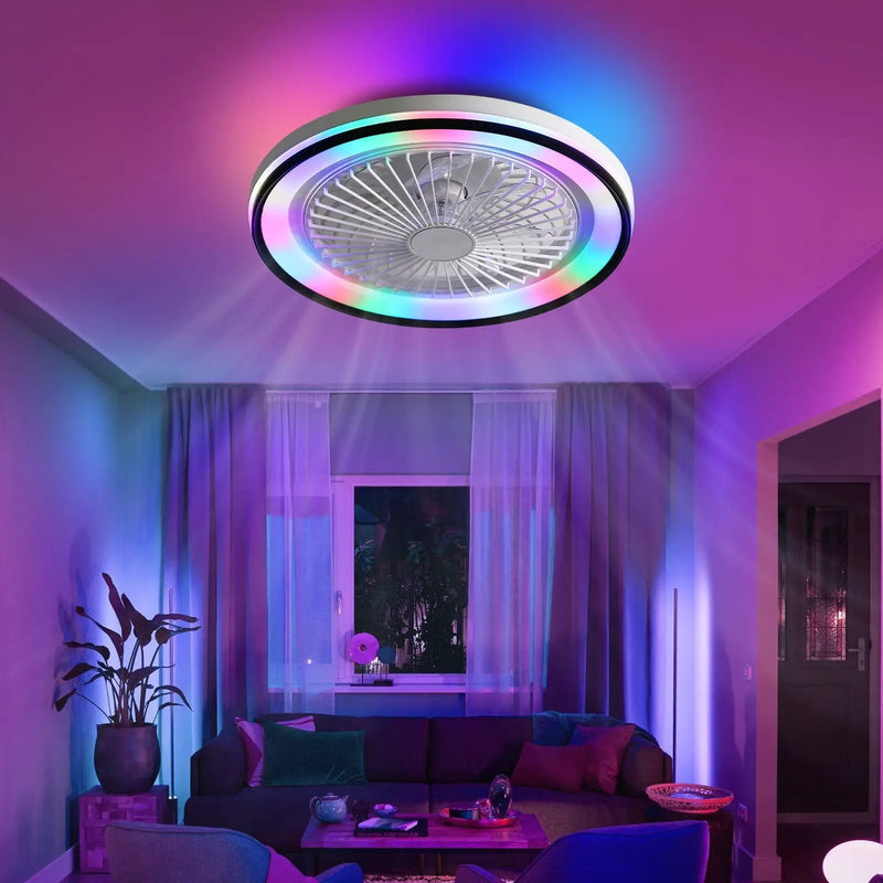 RGB Dimmable LED Bladeless Ceiling Fan With Remote Control, Flush Mount - White by Unique Piece Furniture