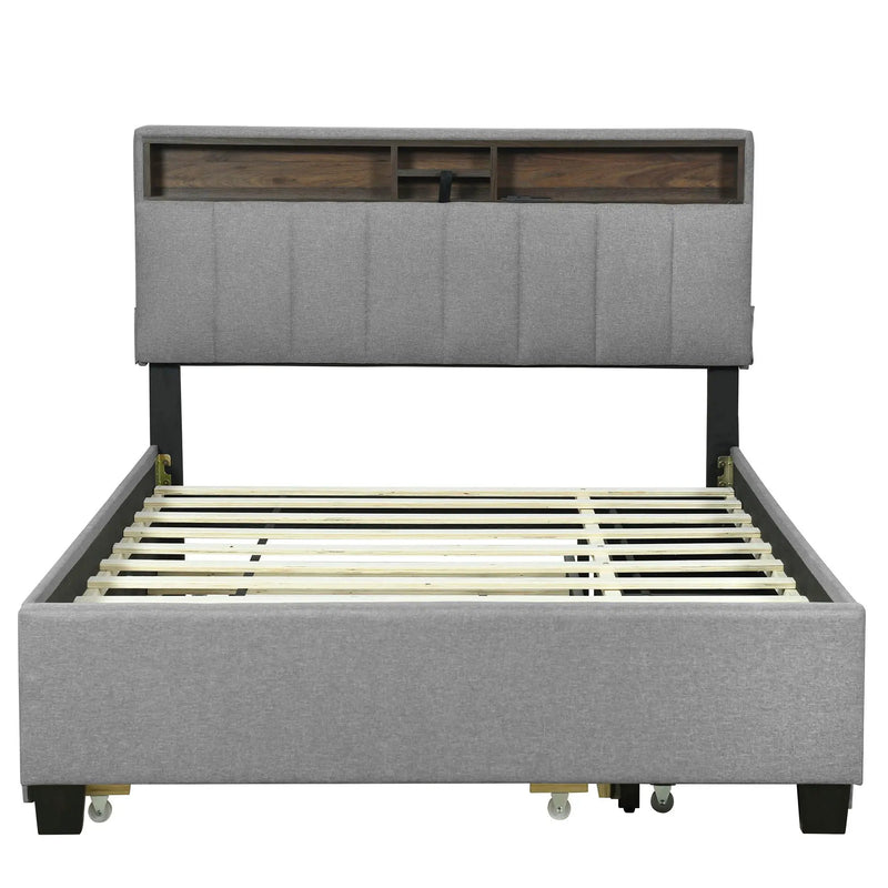 Upholstered Platform Bed With Storage Headboard, Trundle & 2 Drawers And A Set Of Sockets & USB Ports by Unique Piece Furniture