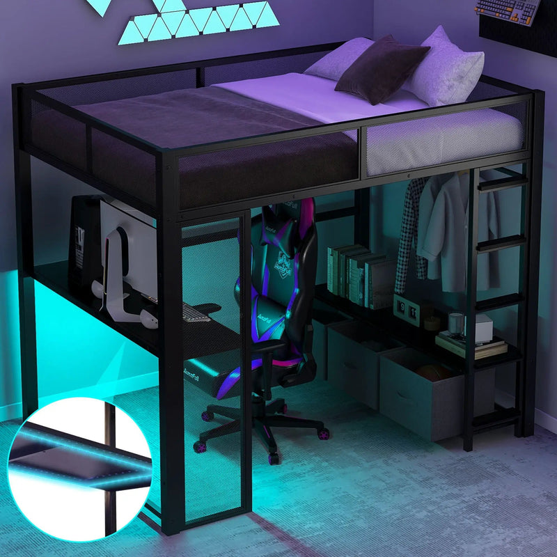 Full Size Gaming Loft Bed With LED Desk, Open Wardrobe, 3 Linen Storage Drawers - Black by Unique Piece Furniture