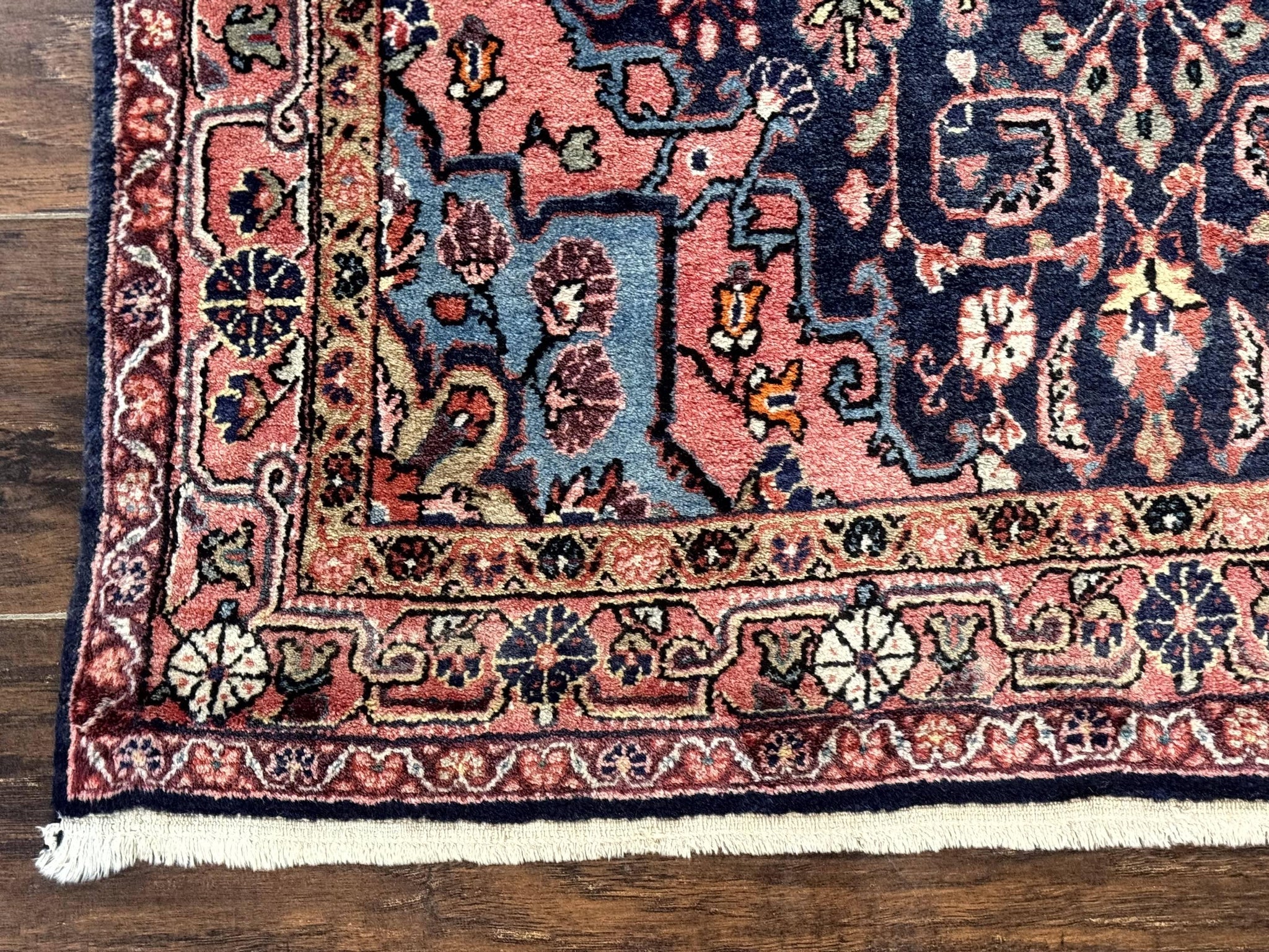 Persian Rug 3x5, Jozan Sarouk Rug, Navy Blue and Coral, Medallion Rug, Semi Antique by Jewel Rugs
