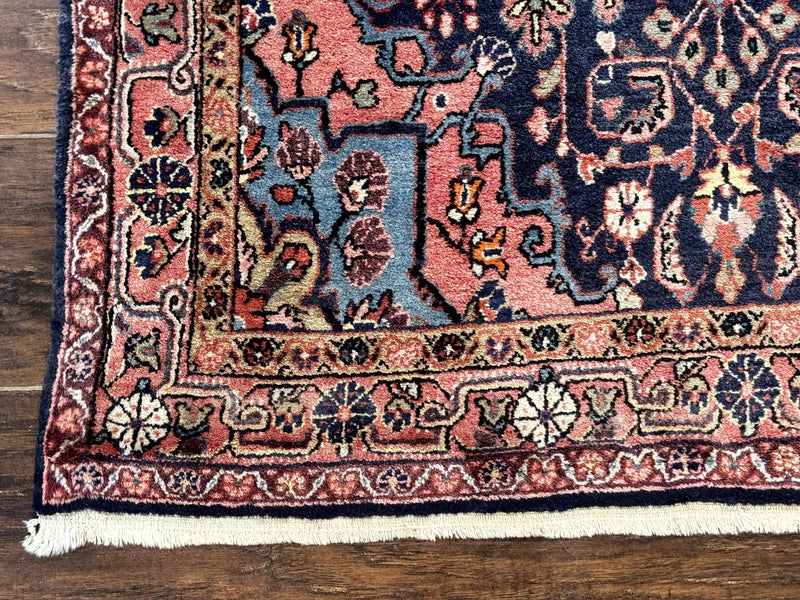 Persian Rug 3x5, Jozan Sarouk Rug, Navy Blue and Coral, Medallion Rug, Semi Antique by Jewel Rugs