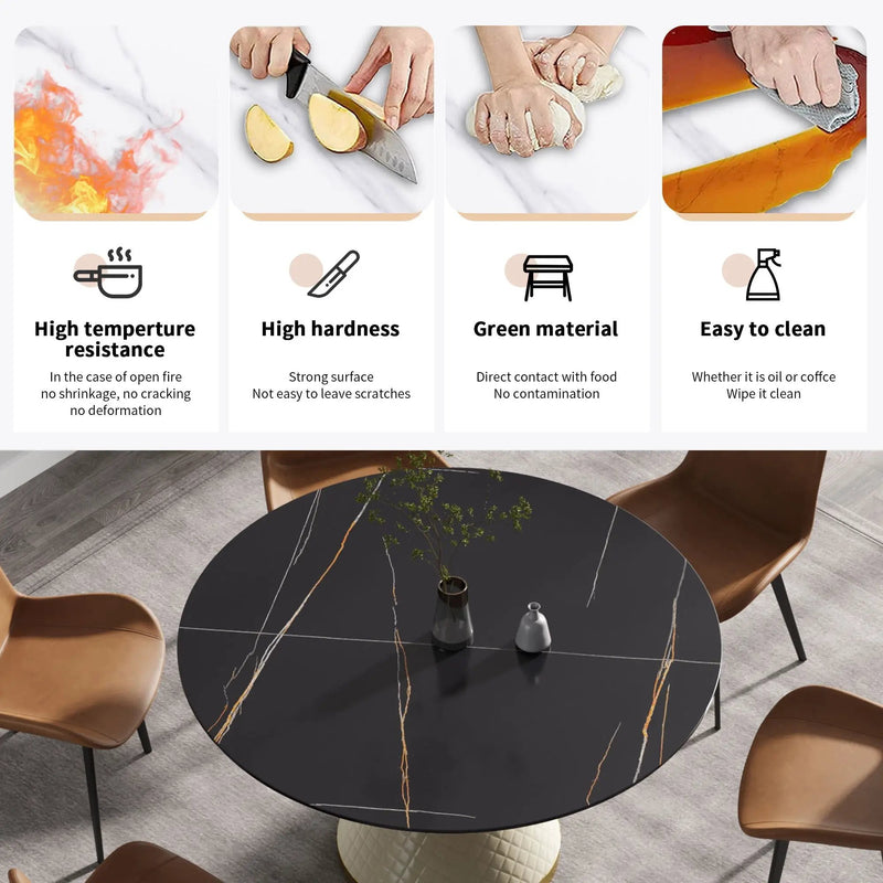 53.15" Modern Artificial Stone Round Carbon Steel Base Dining Table, Can Accommodate 6 People - Black / White by HouseOfZazla