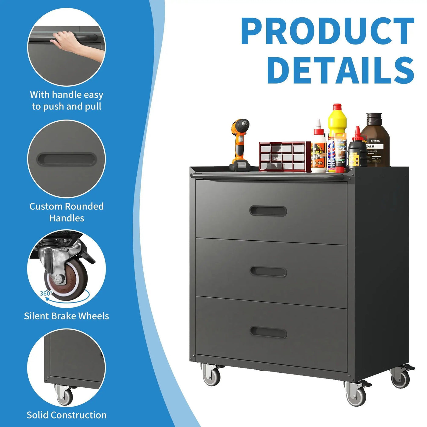 Heavy Duty Metal Storage Cabinet With Wheels 3 Drawer Tool Cabinet For Garage, Office, And Home Organizer Solutions by HouseOfZazla